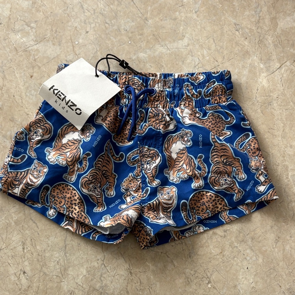Kenzo Kids Blue and Brown Tiger Print Athletic Shorts